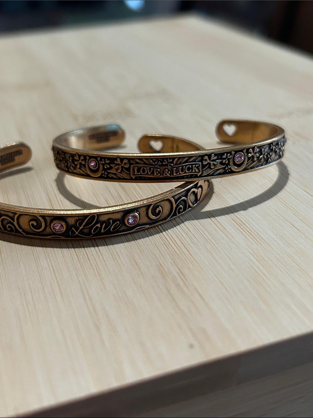 Alex & Ani Love & Luck Antique Gold Cuff Bracelets with Pink Accent Stones